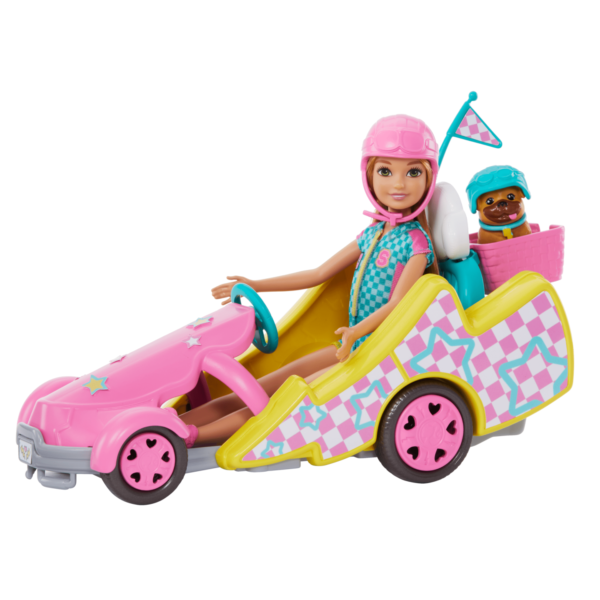 Oyuncak Go Kart Arabası, Köpek, Aksesuarlar Ve Çıkartma Sayfası Ile Yarışçı Barbie Stacie HRM08 - Görsel 2