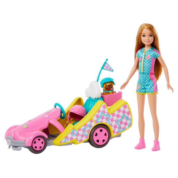 Oyuncak Go Kart Arabası, Köpek, Aksesuarlar Ve Çıkartma Sayfası Ile Yarışçı Barbie Stacie HRM08
