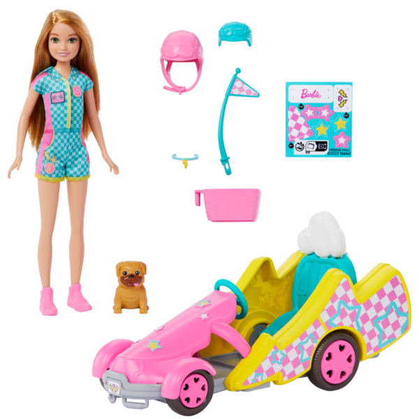 Oyuncak Go Kart Arabası, Köpek, Aksesuarlar Ve Çıkartma Sayfası Ile Yarışçı Barbie Stacie HRM08 - Görsel 5