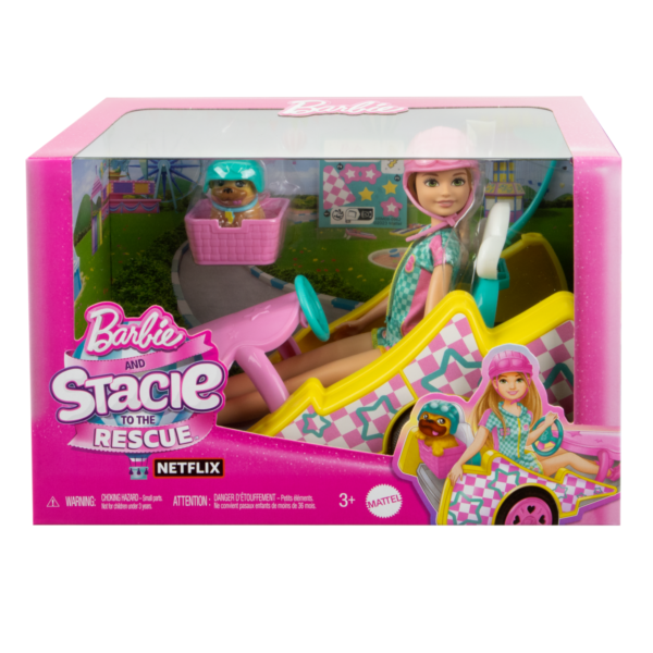 Oyuncak Go Kart Arabası, Köpek, Aksesuarlar Ve Çıkartma Sayfası Ile Yarışçı Barbie Stacie HRM08 - Görsel 6
