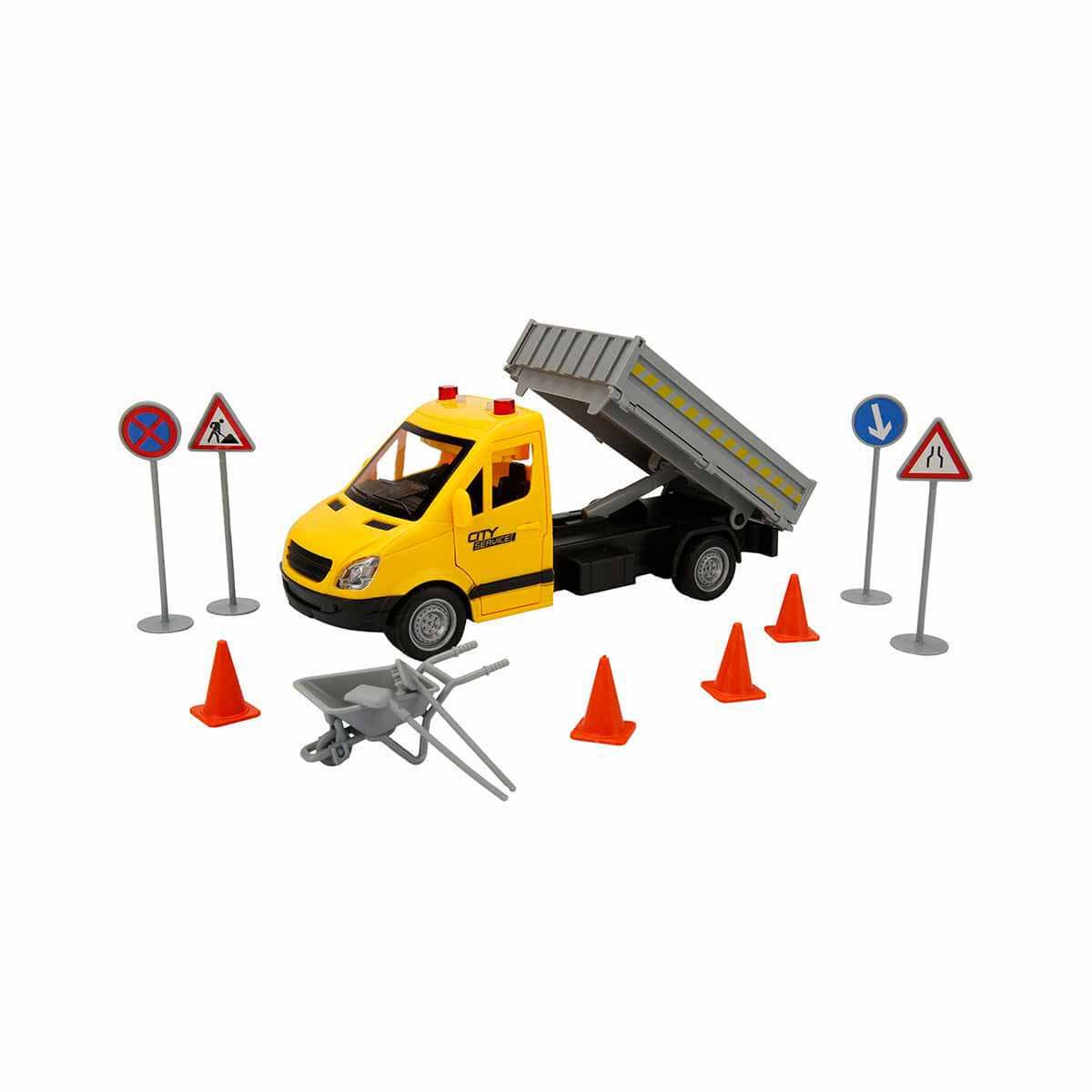 Maxx Wheels Sesli ve Işıklı Yol Yardım Kamyonu ve Trafik İşaretleri - Sarı