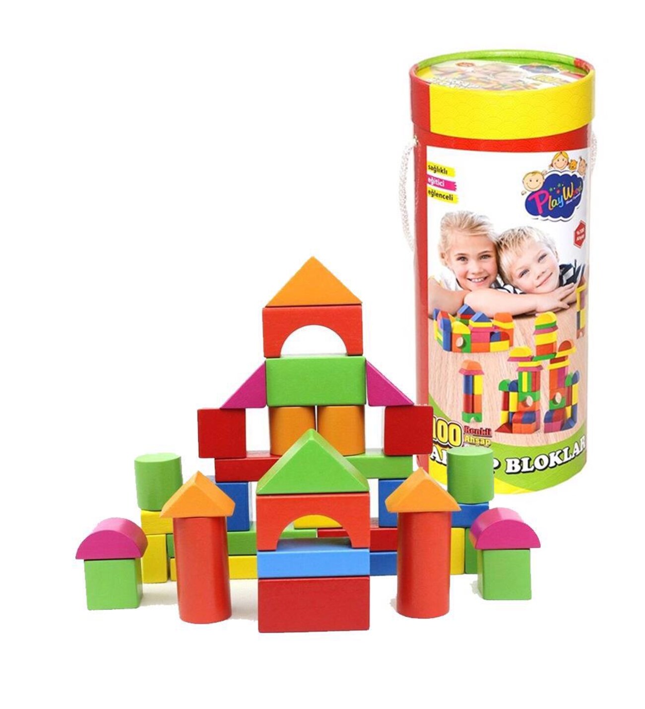 Silindir Kutuda 100 Parça Renkli Ahşap Bloklar